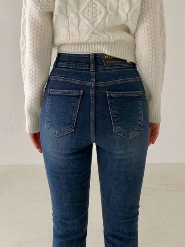 WQB65 顯瘦雙釦設計內磨毛丹寧褲 