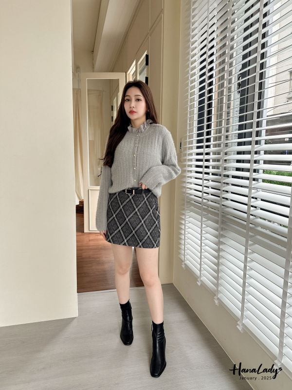 WEA87 附腰帶秋冬後鬆緊格紋短裙 