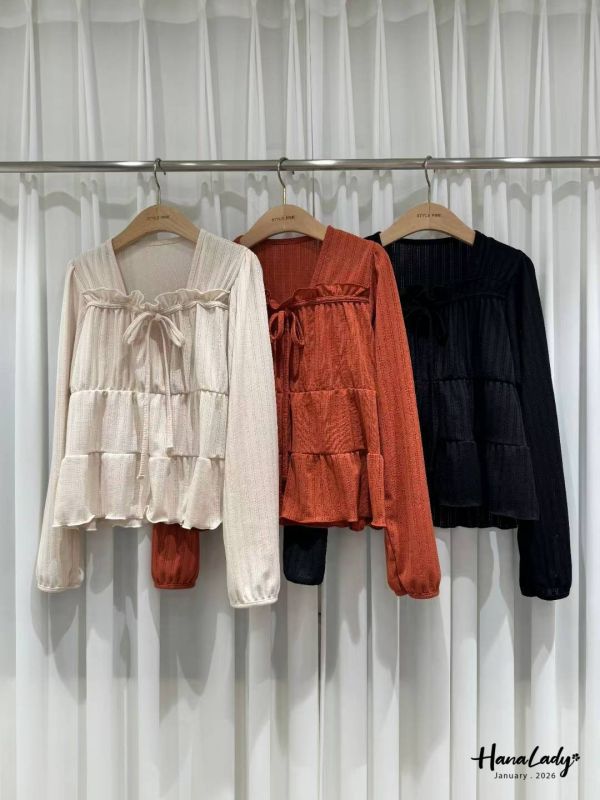 LEA59 綁結領層次QQ邊上衣 