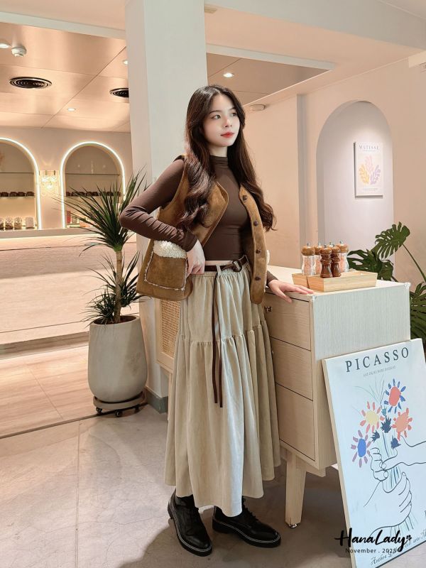 WJA81 浪漫附腰帶麂皮長裙 