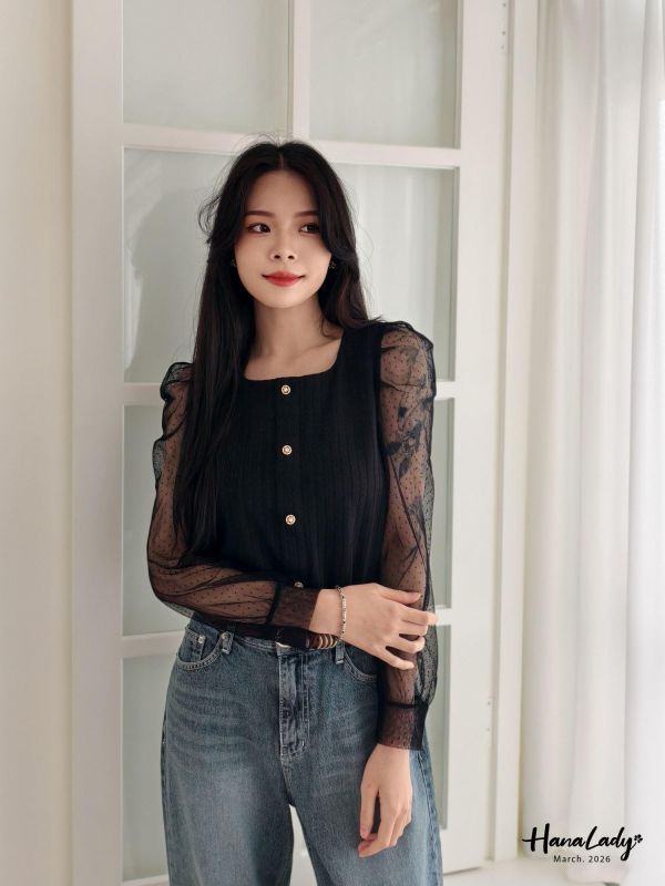 LSA19 蕾絲點點透袖針織上衣 