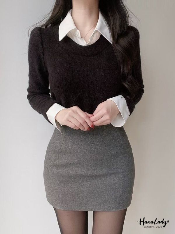 LEA29 假兩件襯衫領針織上衣 