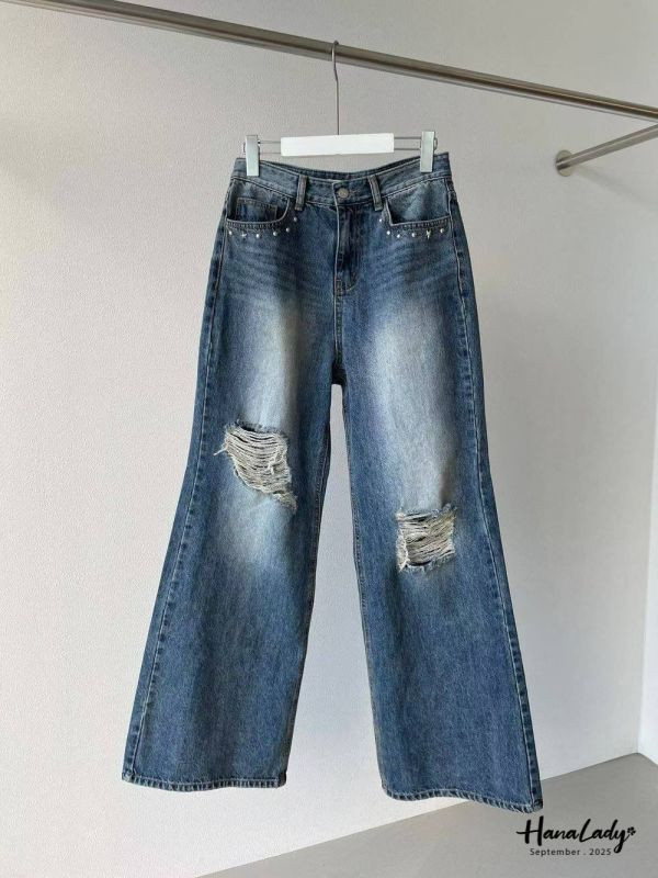 WKA70 超高回頭率刷破鉚釘寬褲 