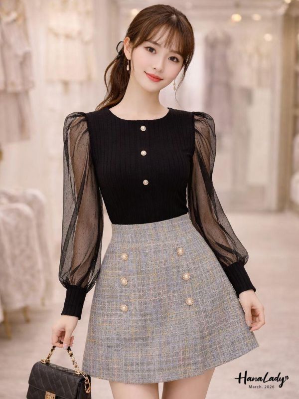 LSA19 蕾絲點點透袖針織上衣 