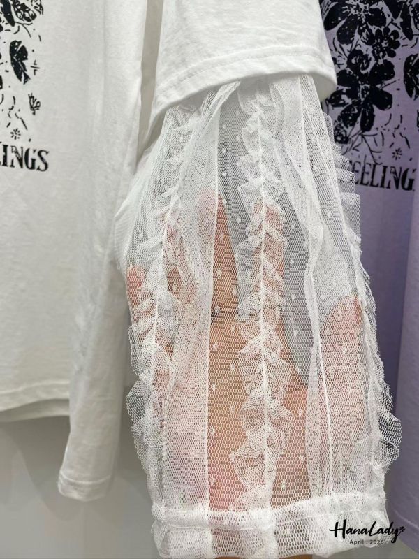 LFA95 假兩件蕾絲袖設計長版T 