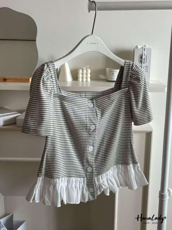 LFA31 條紋裙擺設計方領上衣 