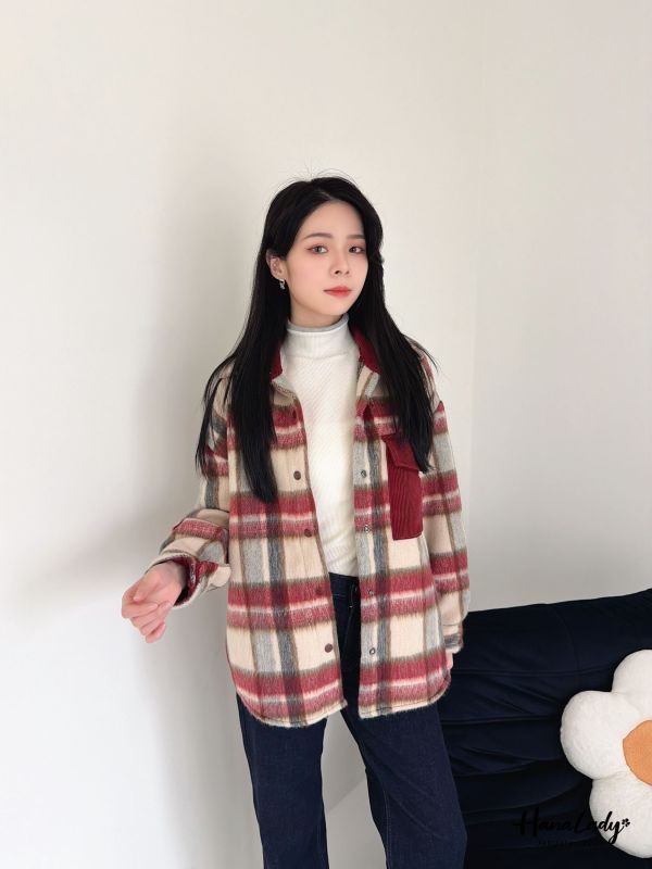 LEA75 棉絨拼接燈心絨格紋衫 