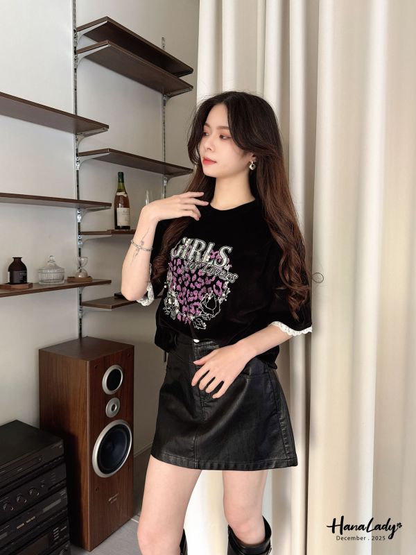 WQA31 GIRLS珍珠蕾絲豹紋絨布T 