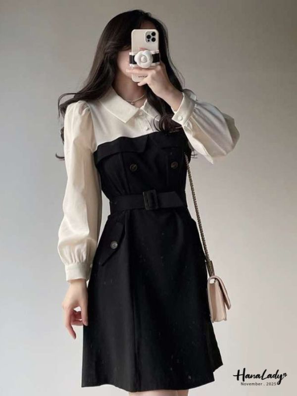 WJA46 知性拼色收腰雪紡短洋 