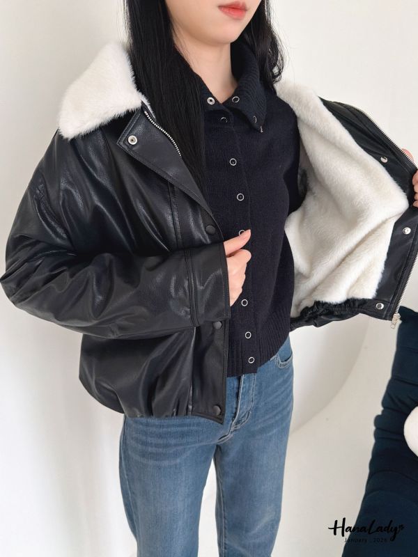 LEA65 率性毛毛領柔軟皮革外 