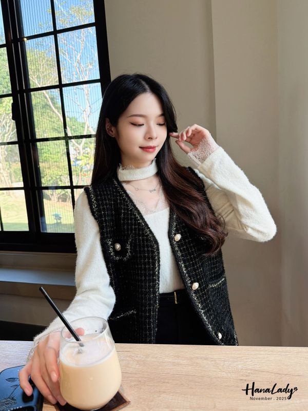 WJB42 金蔥點綴珍珠釦毛料背心 