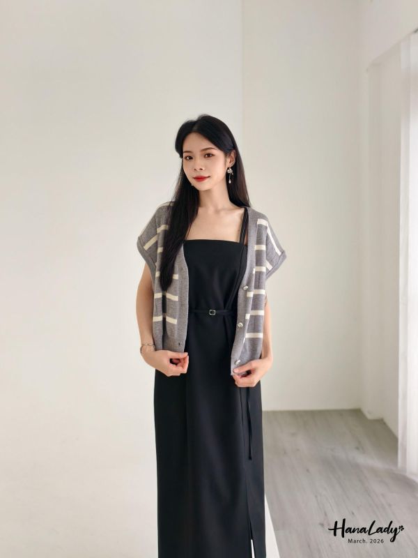 LSA13 美釦柔軟針織條紋背心 