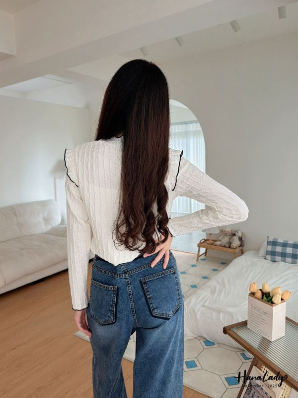 WJA33 QQ木耳滾邊抓皺上衣 