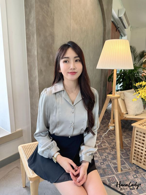 WSA71 雙釦翻領緞面雪紡衫 