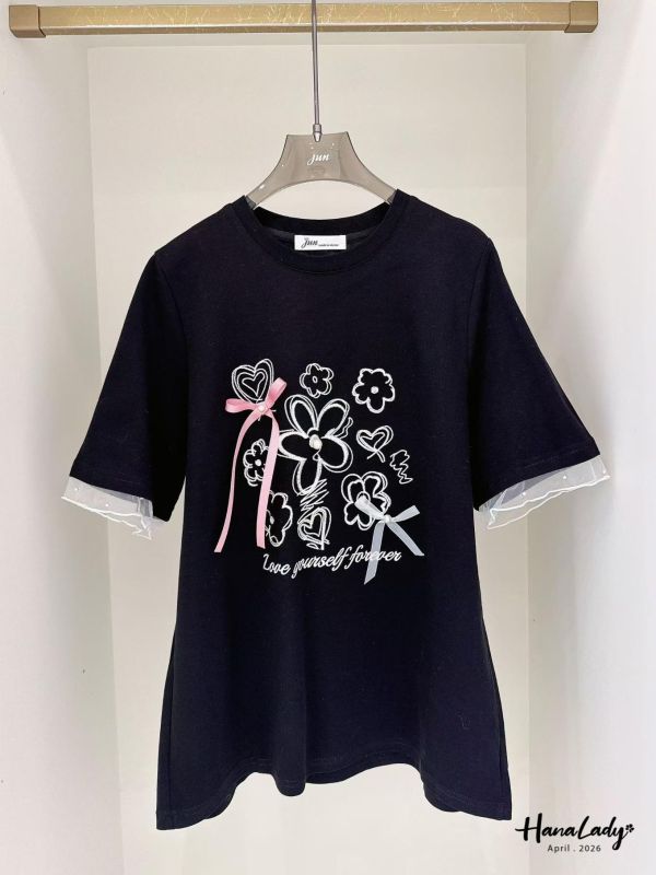 LFA08 刺繡花朵珍珠緞帶T 