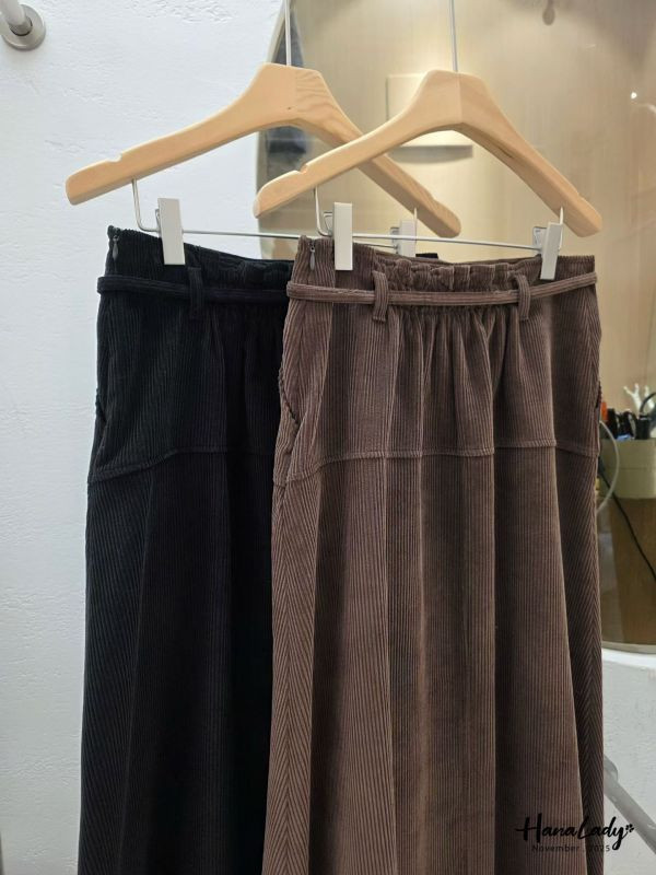 WJA90 附綁帶燈芯絨A字長裙 