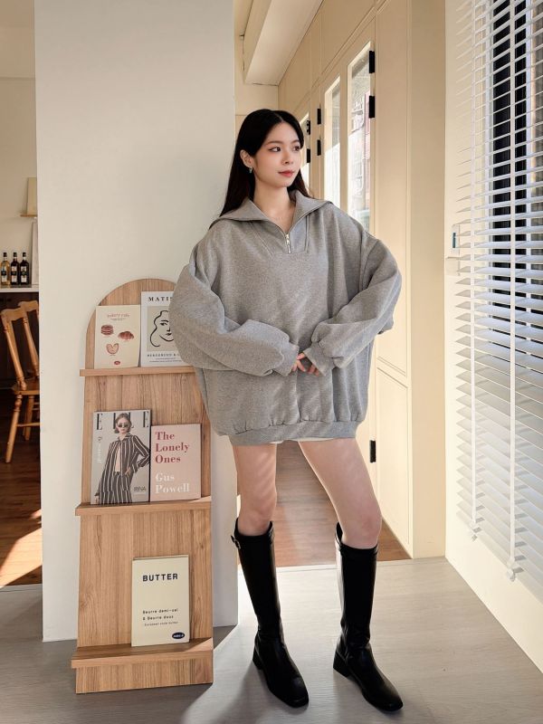 WQA67 簡約拉鍊內刷毛長版T 