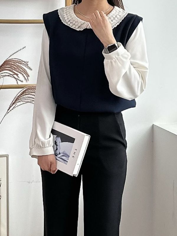 WQA52 刺繡雕花領雪紡上衣 