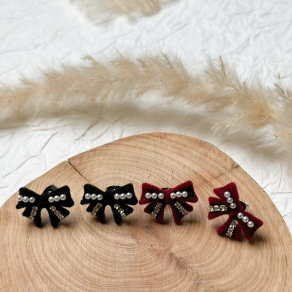 WQB44 毛呢珍珠細鑽蝴蝶結耳環 