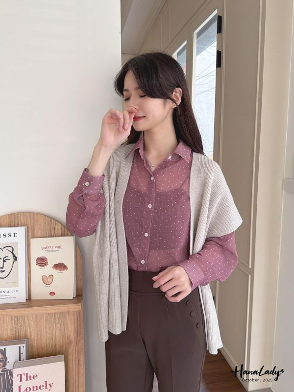 WTA75 後綁帶點點紗雪紡衫 