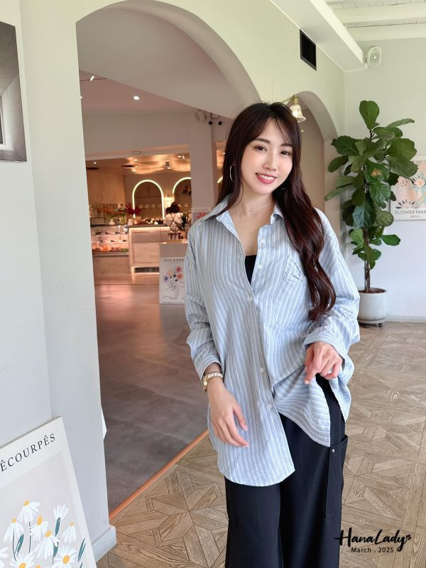 WSA84 口袋蝴蝶結直條紋襯衫 