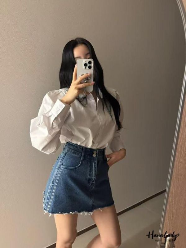 LFA63 雙釦車線顯瘦A字版丹寧褲裙 