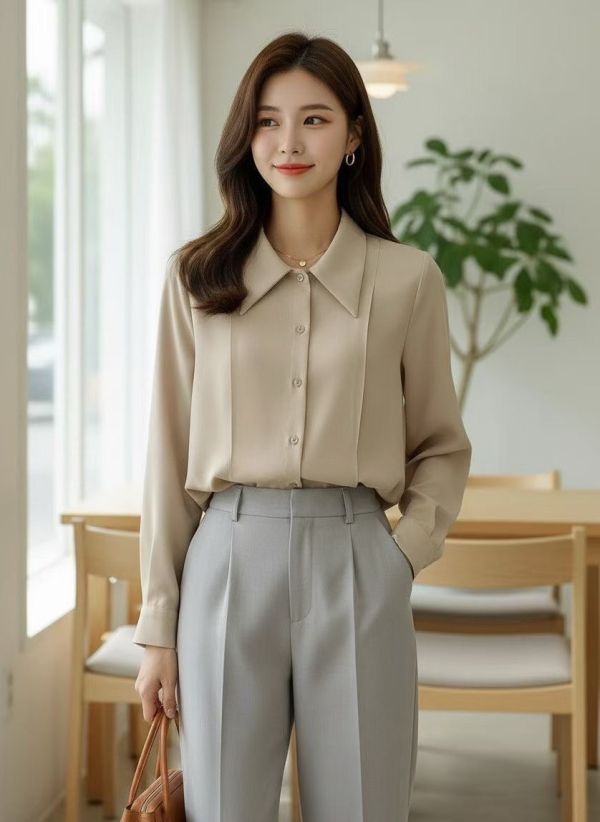 WQA97 簡約三角領車線雪紡衫 