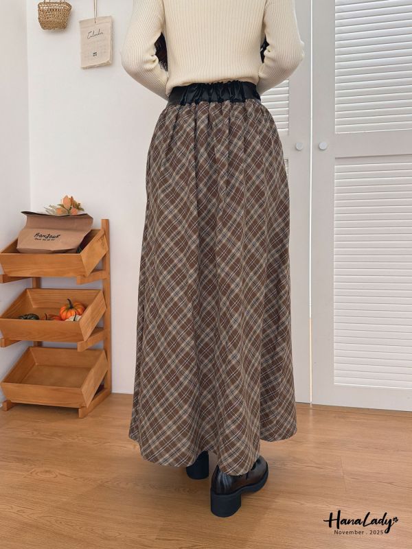 WJA36 造型皮邊格紋長裙 