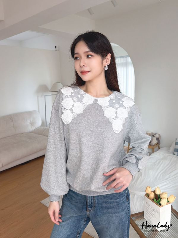 WJA29 浪漫蕾絲玫瑰刺繡領上衣 