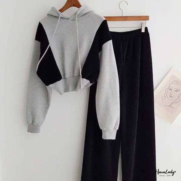 LEA98 絨布拼接內刷毛連帽套裝 