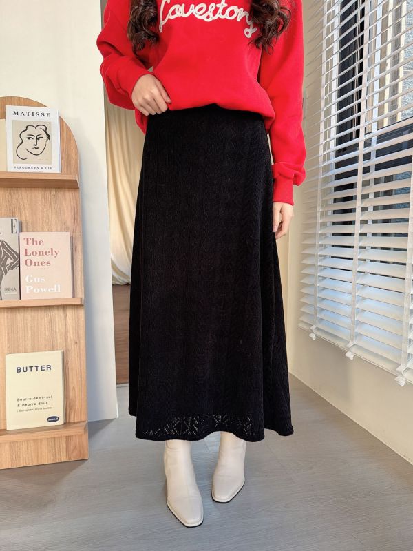 WQA26 必收絨布蕾絲A字長裙 