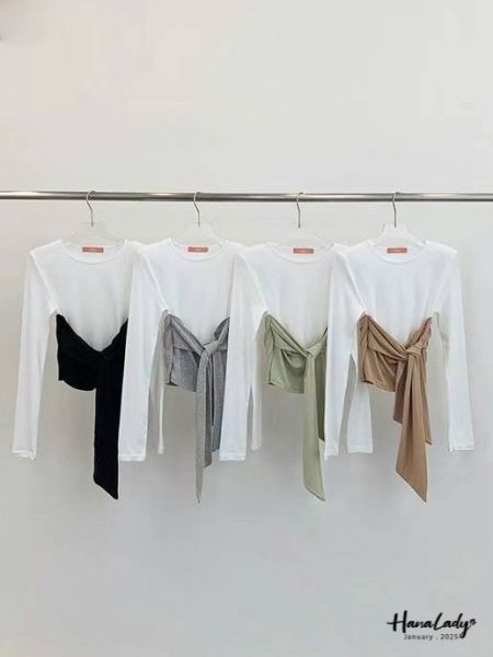 WEA81 舒服混棉綁帶假兩件上衣 