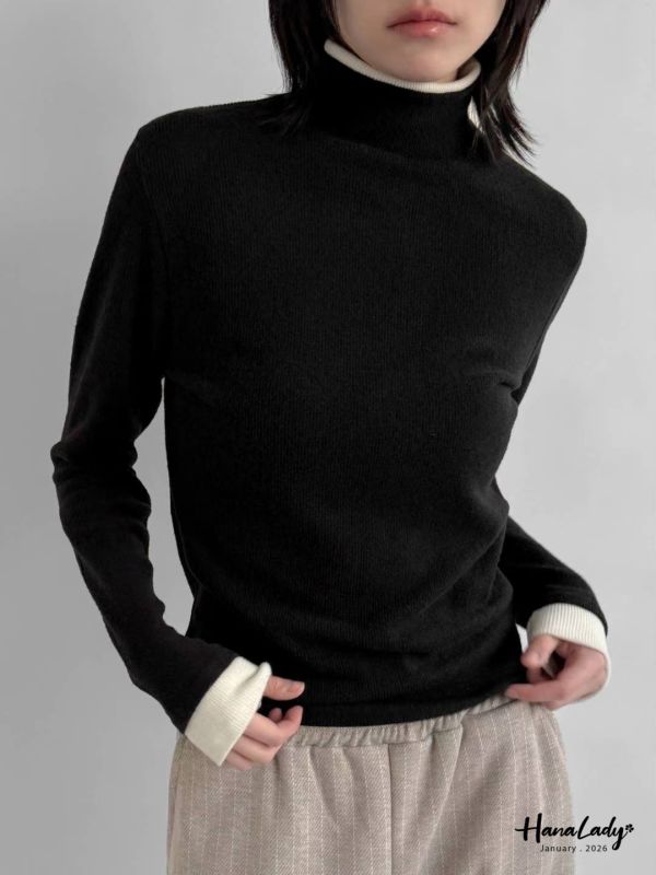 LEA72 配色立領棉絨坑條針織上衣 