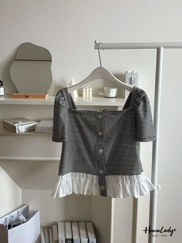 LFA31 條紋裙擺設計方領上衣 