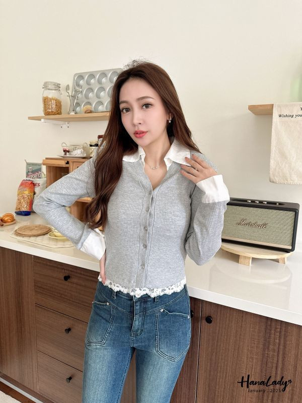 WEA49 襯衫領拼接坑條針織衫 