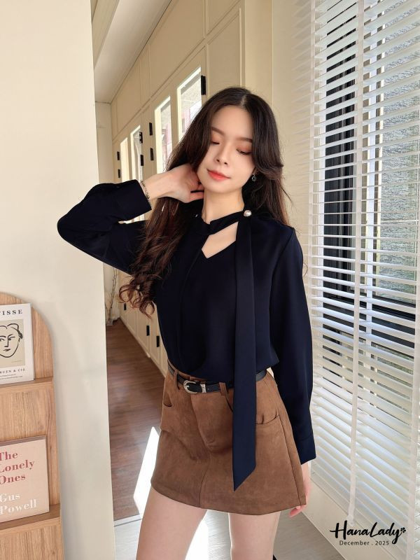 WQA48 簡約珍珠領結雪紡衫 