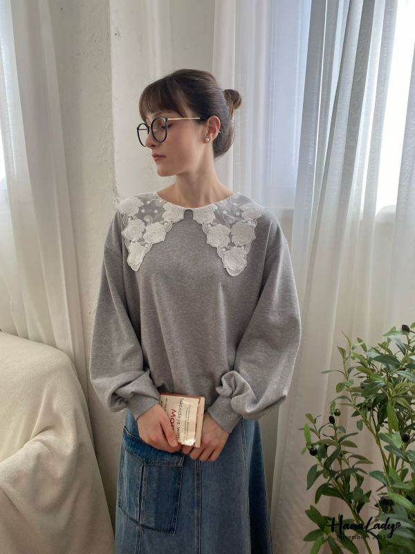 WJA29 浪漫蕾絲玫瑰刺繡領上衣 