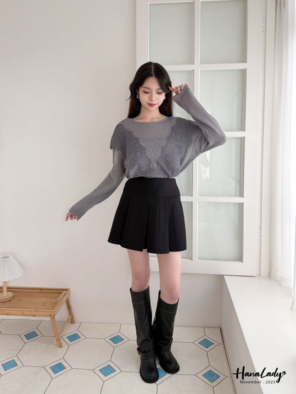 WJA13 質感絨布寬腰百摺褲裙 