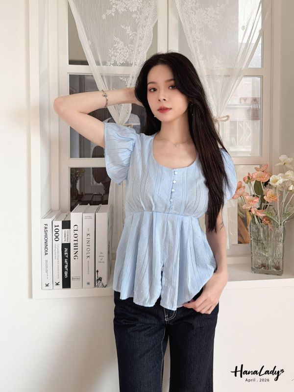 LFA29 線條繡球布綁帶上衣 