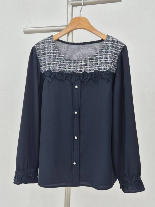 WQA08 毛呢蕾絲方領珍珠雪紡上衣 