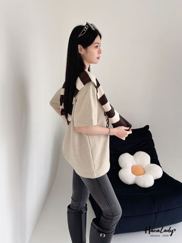 LEA52 條紋披肩刺繡串珠長版T 