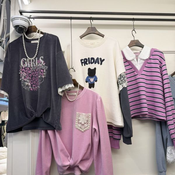 WQA31 GIRLS珍珠蕾絲豹紋絨布T 