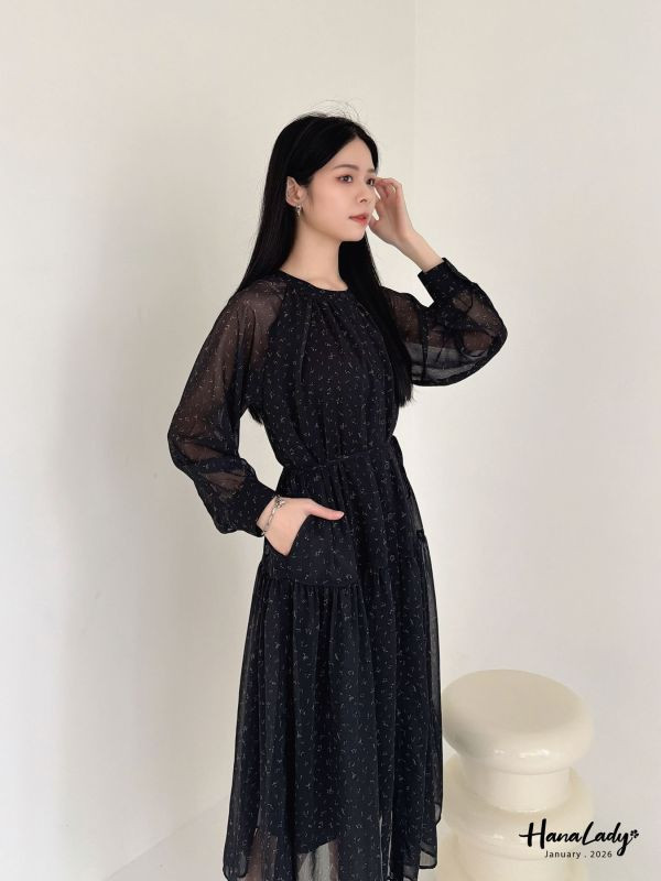 LEA90 復古透袖設計排釦長洋 