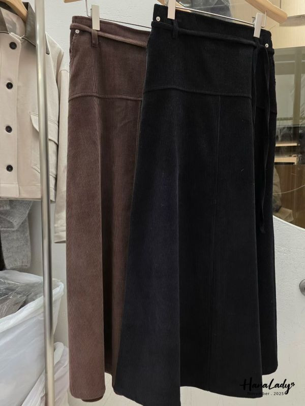 WJA90 附綁帶燈芯絨A字長裙 