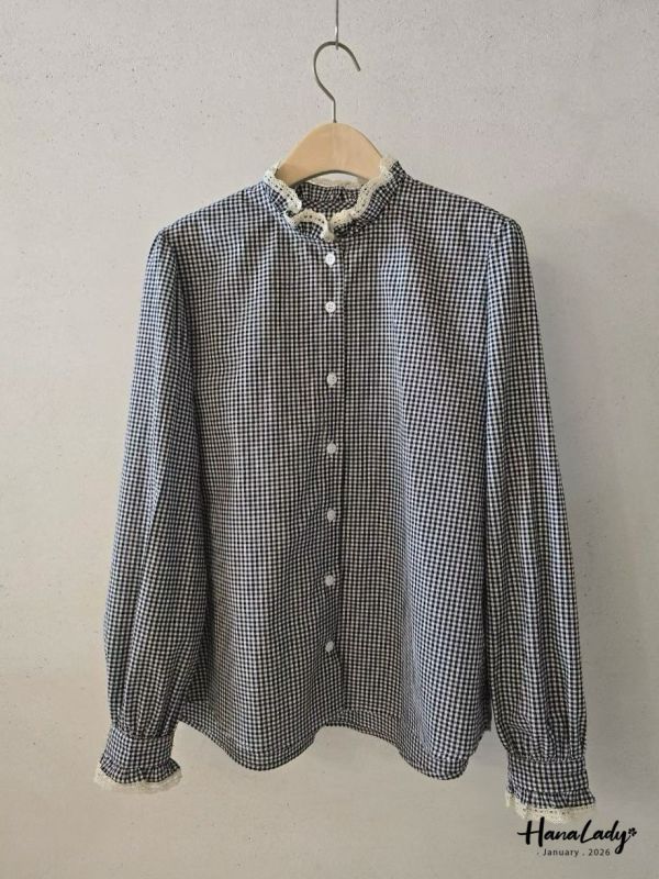 LEA67 拼接蕾絲領格紋襯衫 