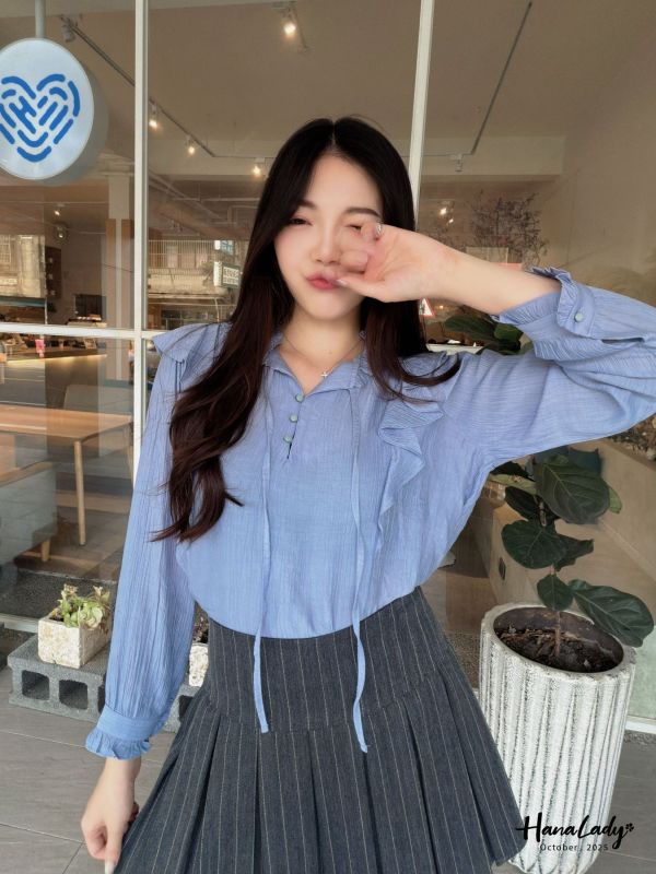 WTB37 波浪荷葉領綁結上衣 