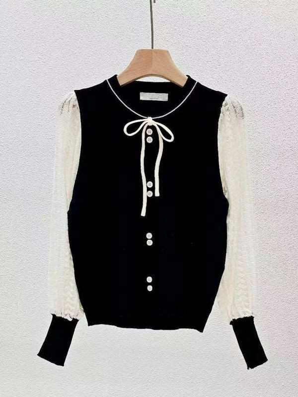 WQA29 蕾絲簍空透袖綁帶上衣 