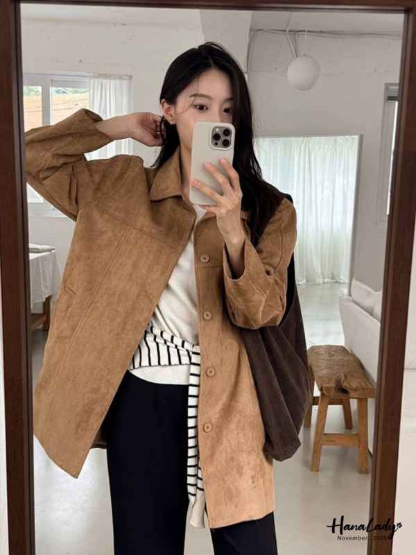 WJA92 秋冬必備簡約麂皮長版衫 