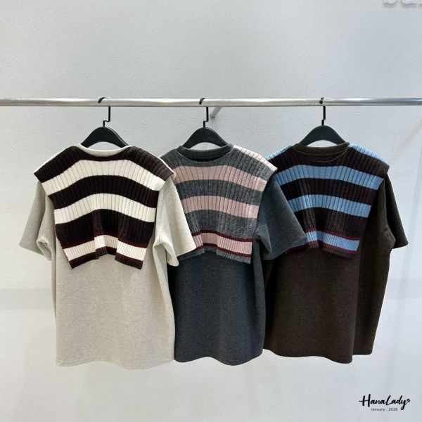 LEA52 條紋披肩刺繡串珠長版T 