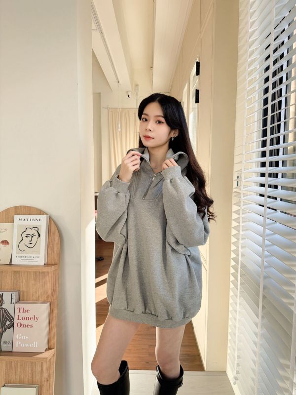 WQA67 簡約拉鍊內刷毛長版T 